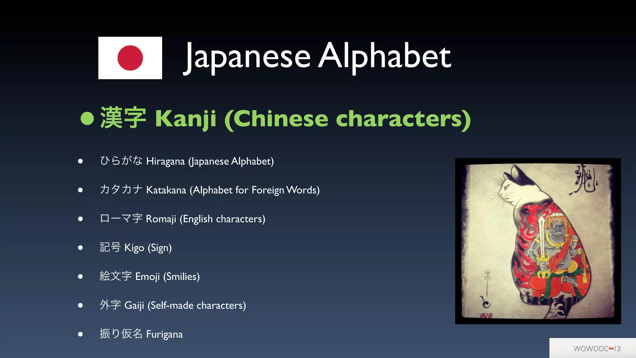 Japanese Alphabet
•漢字 Kanji (Chinese characters)
• ひらがな Hiragana (Japanese Alphabet)
• カタカナ Katakana (Alphabet for Foreign Words)
• ローマ字 Romaji (English characters)
• 記号 Kigo (Sign)
• 絵文字 Emoji (Smilies)
• 外字 Gaiji (Self-made characters)
• 振り仮名 Furigana
 