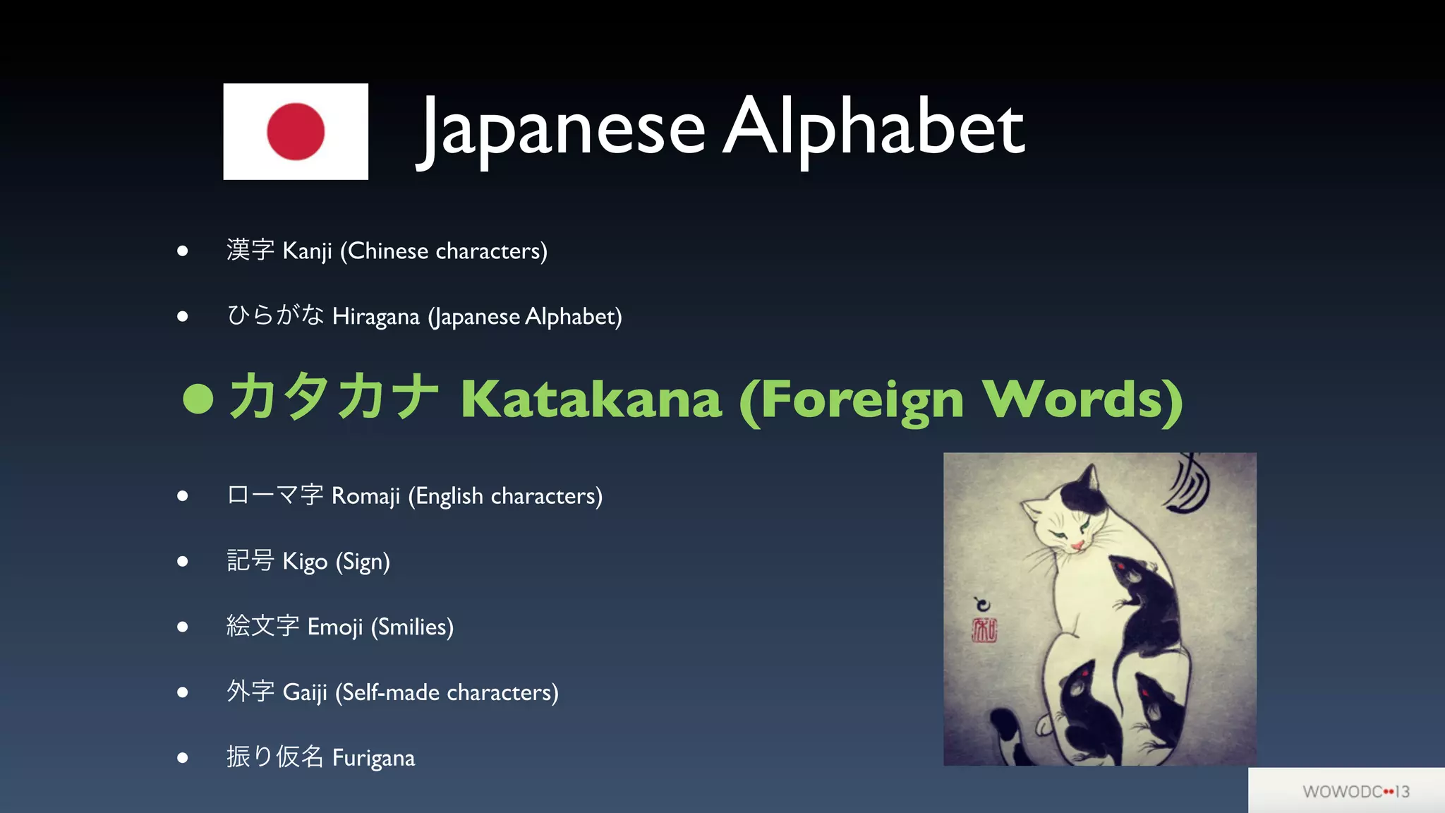 Japanese Alphabet
• 漢字 Kanji (Chinese characters)
• ひらがな Hiragana (Japanese Alphabet)
•カタカナ Katakana (Foreign Words)
• ローマ字 Romaji (English characters)
• 記号 Kigo (Sign)
• 絵文字 Emoji (Smilies)
• 外字 Gaiji (Self-made characters)
• 振り仮名 Furigana
 