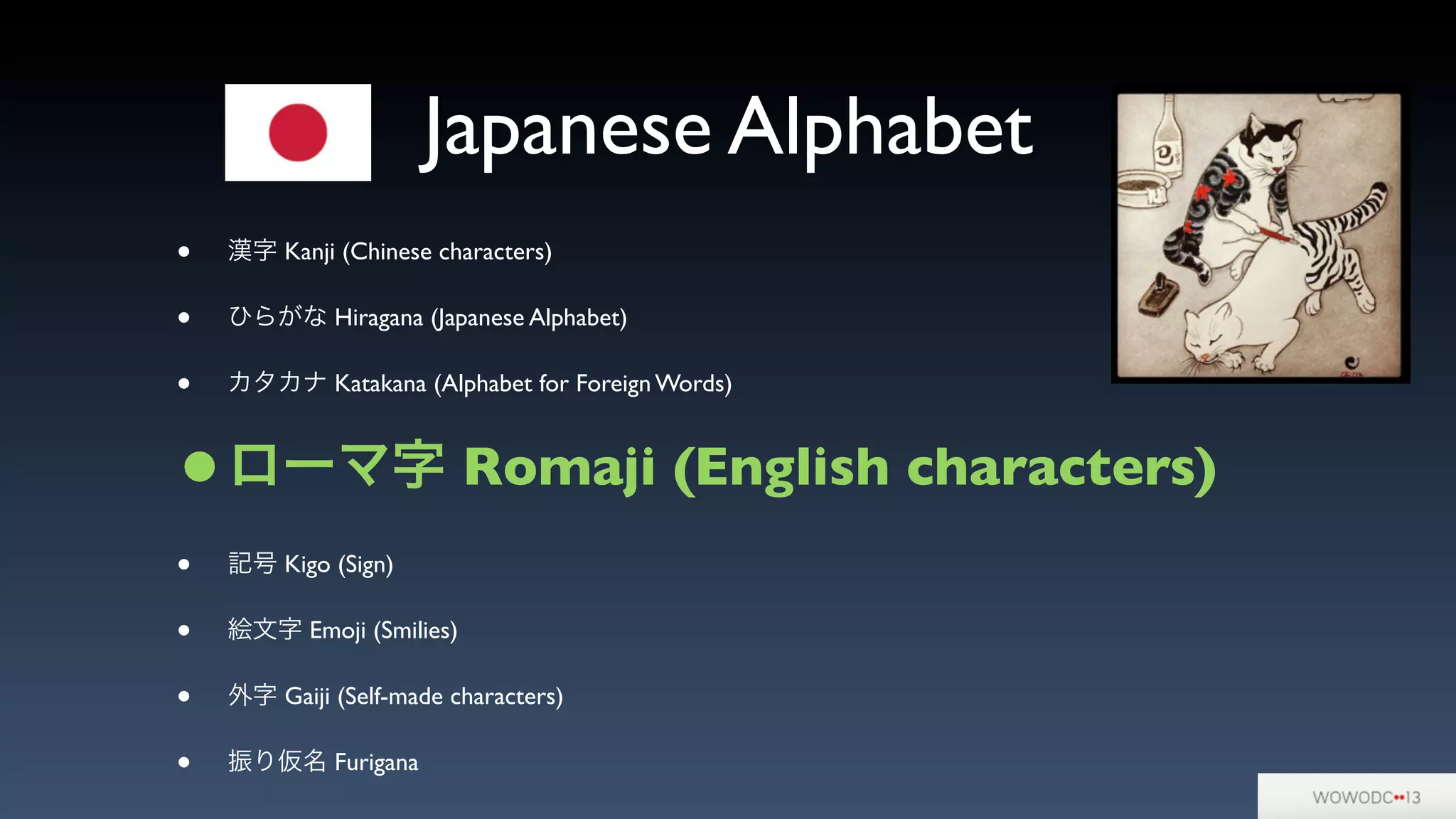 Japanese Alphabet
• 漢字 Kanji (Chinese characters)
• ひらがな Hiragana (Japanese Alphabet)
• カタカナ Katakana (Alphabet for Foreign Words)
•ローマ字 Romaji (English characters)
• 記号 Kigo (Sign)
• 絵文字 Emoji (Smilies)
• 外字 Gaiji (Self-made characters)
• 振り仮名 Furigana
 