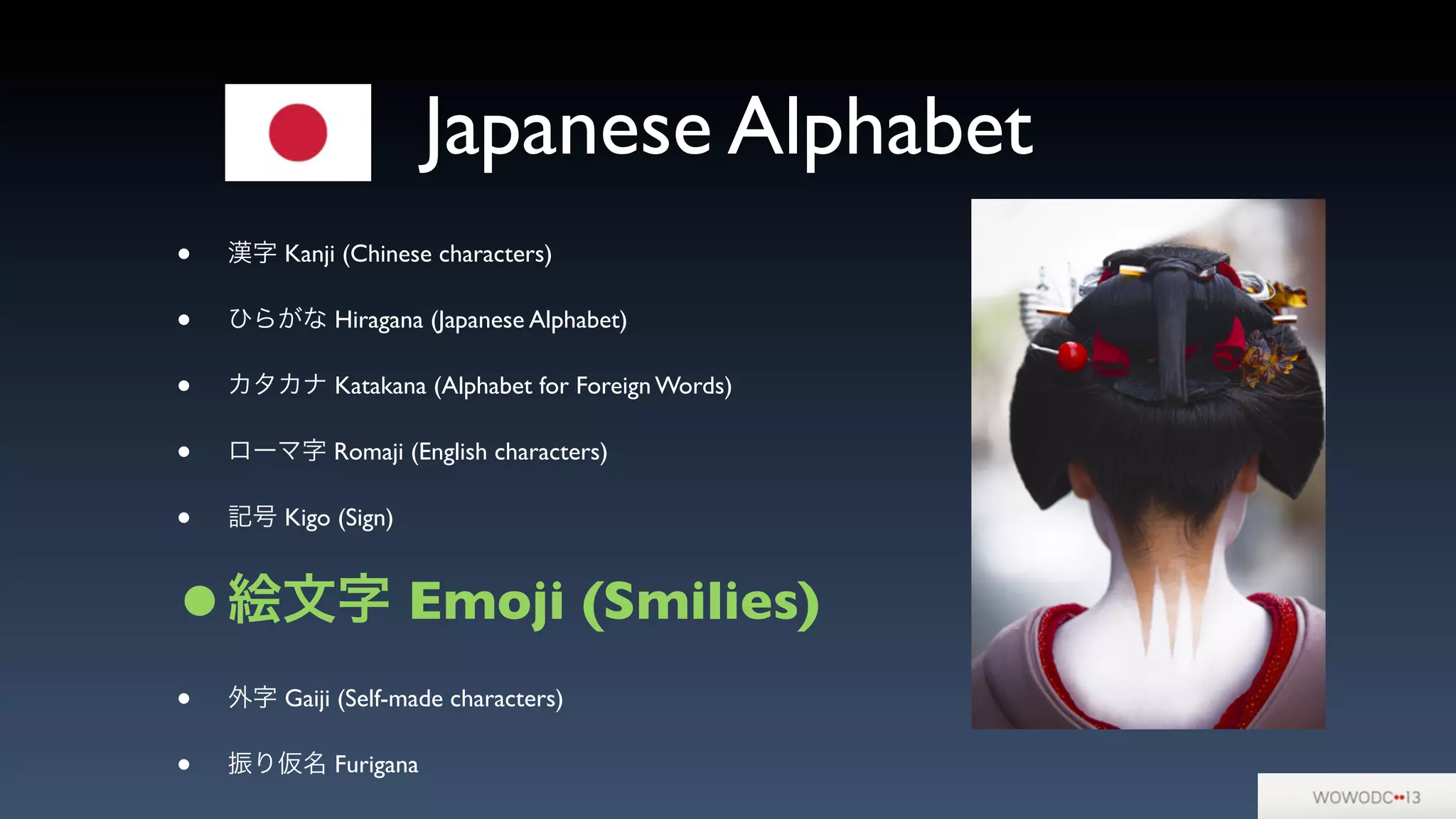 Japanese Alphabet
• 漢字 Kanji (Chinese characters)
• ひらがな Hiragana (Japanese Alphabet)
• カタカナ Katakana (Alphabet for Foreign Words)
• ローマ字 Romaji (English characters)
• 記号 Kigo (Sign)
•絵文字 Emoji (Smilies)
• 外字 Gaiji (Self-made characters)
• 振り仮名 Furigana
 