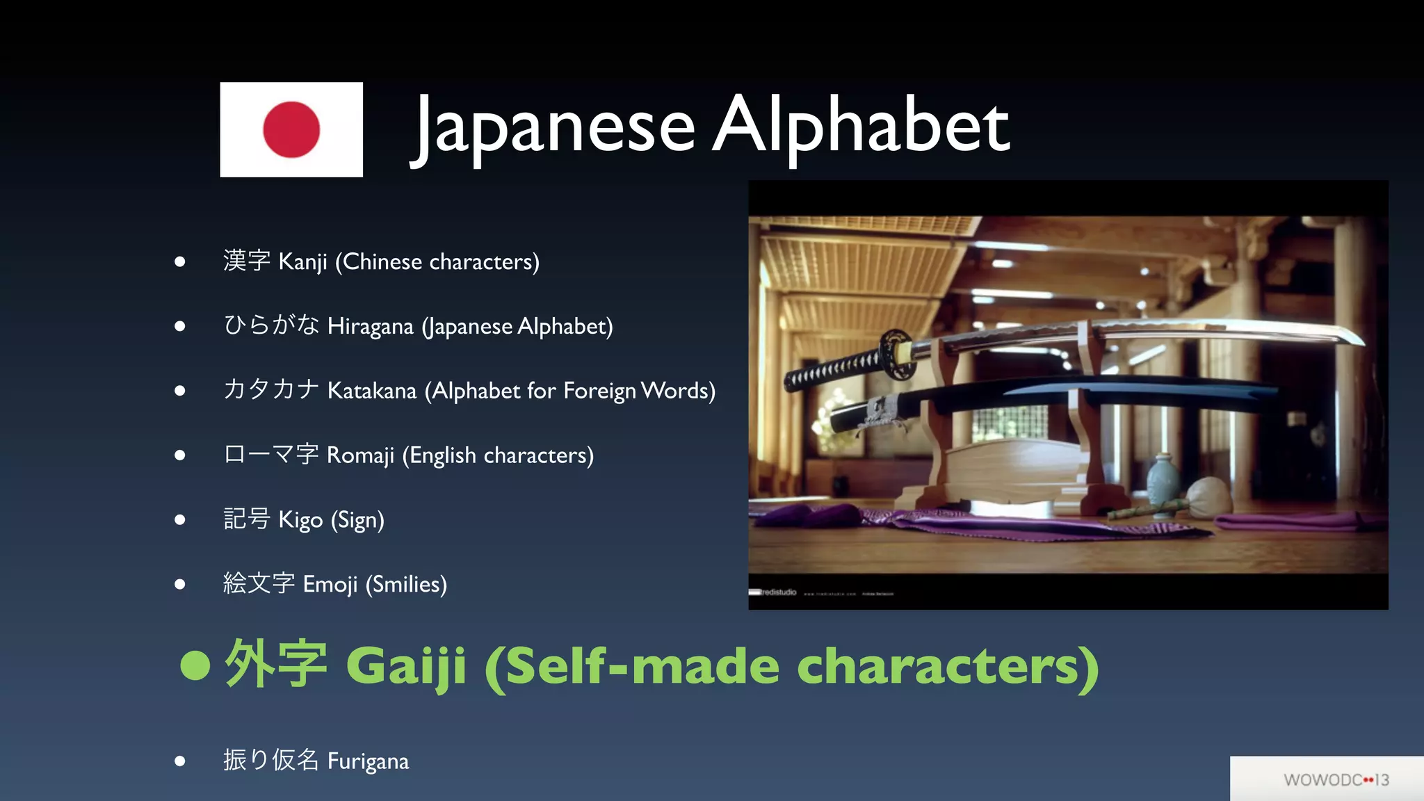 Japanese Alphabet
• 漢字 Kanji (Chinese characters)
• ひらがな Hiragana (Japanese Alphabet)
• カタカナ Katakana (Alphabet for Foreign Words)
• ローマ字 Romaji (English characters)
• 記号 Kigo (Sign)
• 絵文字 Emoji (Smilies)
•外字 Gaiji (Self-made characters)
• 振り仮名 Furigana
 