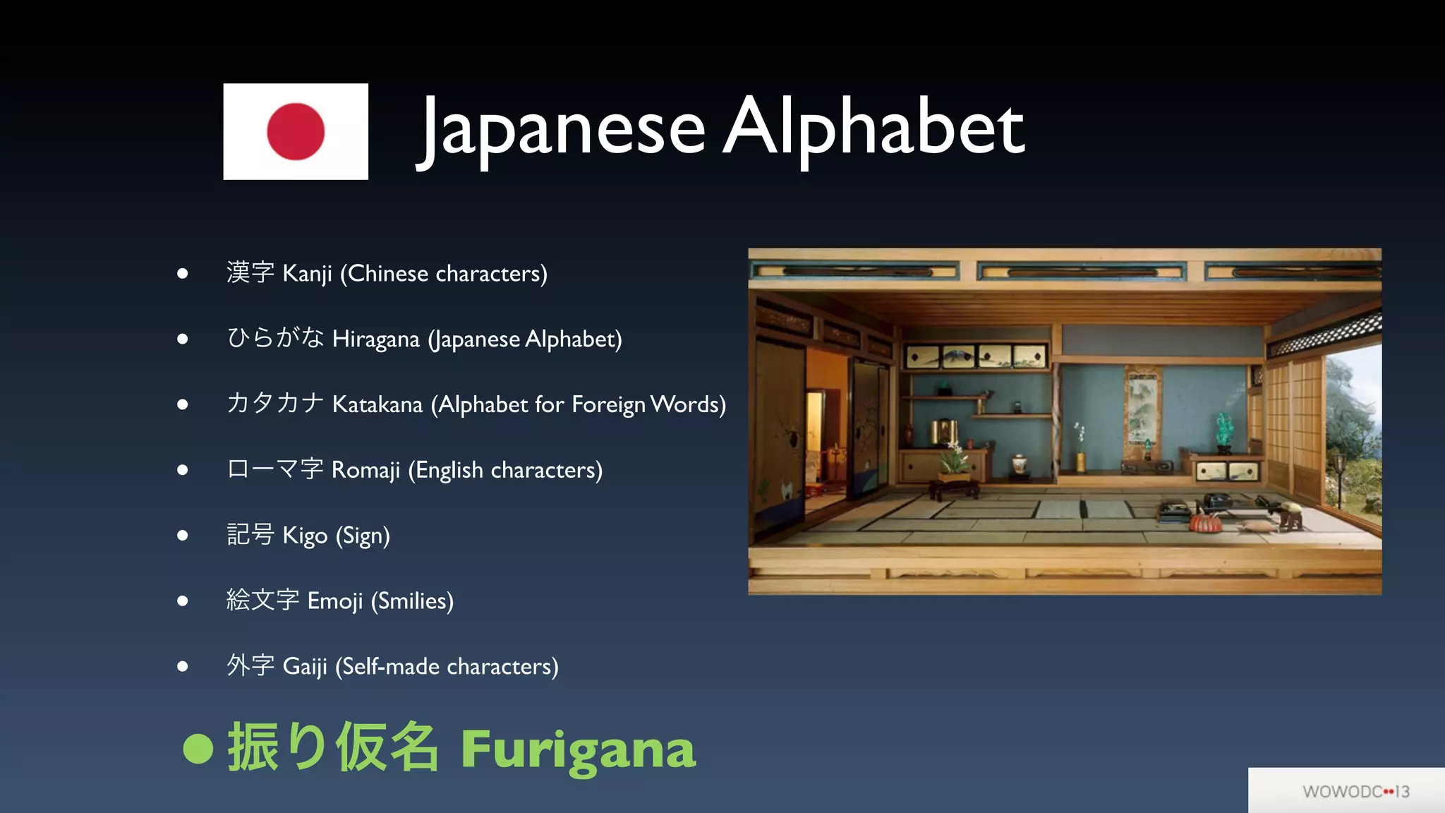 Japanese Alphabet
• 漢字 Kanji (Chinese characters)
• ひらがな Hiragana (Japanese Alphabet)
• カタカナ Katakana (Alphabet for Foreign Words)
• ローマ字 Romaji (English characters)
• 記号 Kigo (Sign)
• 絵文字 Emoji (Smilies)
• 外字 Gaiji (Self-made characters)
•振り仮名 Furigana
 