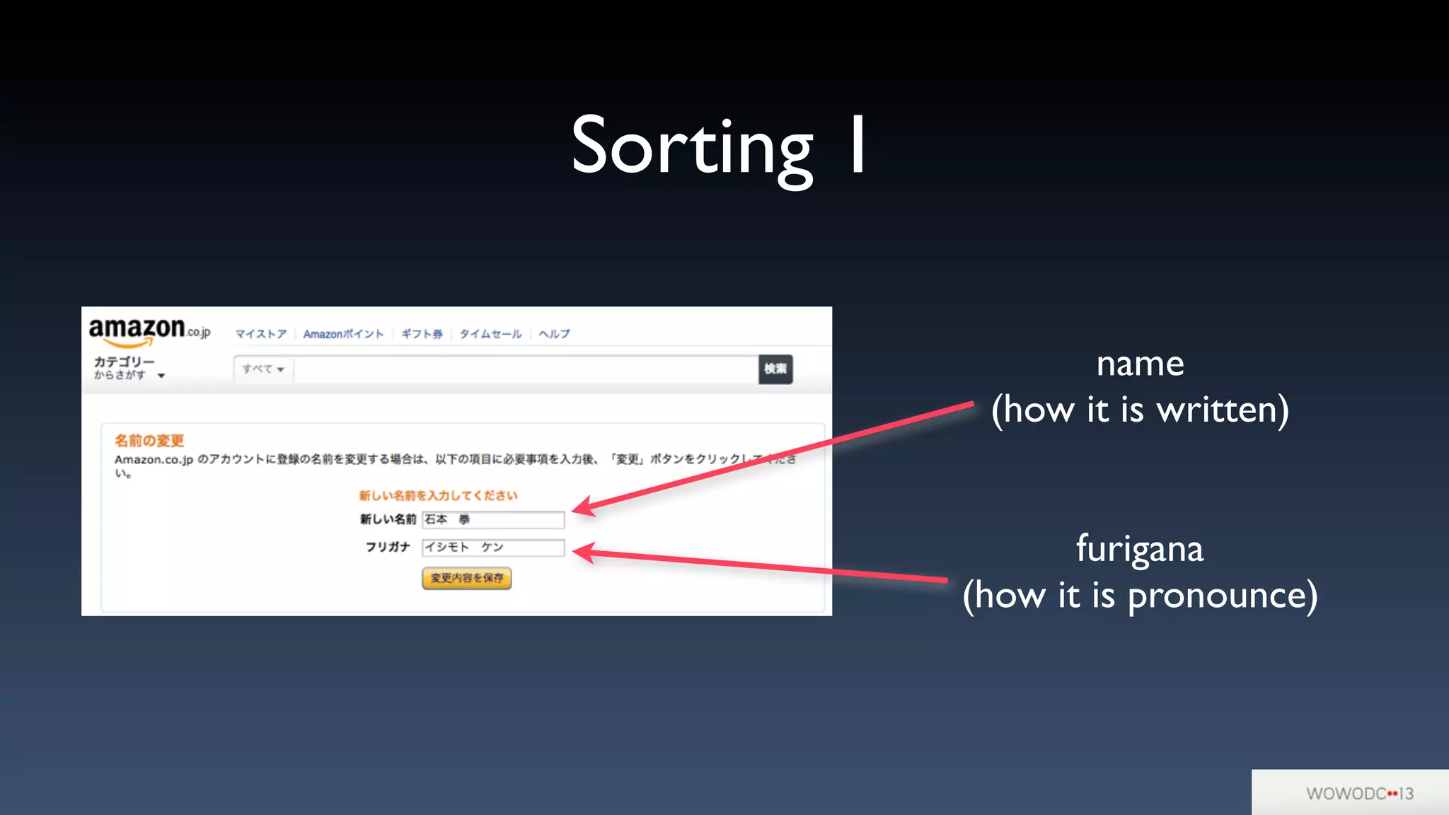 Sorting 1
name
(how it is written)
furigana
(how it is pronounce)
 