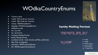 WOdkaCountryEnums
• Country name
• code2 : ISO Code for Country
• code3 : ISO Code for Country
• money : ERXMoneyEnums
• language :WOdkaLanguageEnums
• telephone code
• tax : tax info
• zip : zip format
• company Mailing Format
• family Mailing Format
• Localized words : male, female, sexMale, sexFemale
• ﬂag : Path to Flag-data
• continent : ERXContinentEnums
• EU : ERXEuropeanUnionsEnums
"[S][CR][T][_][F][_][L]"
"[L] [F]様"
family Mailing Format
s = sex
t = title
f = ﬁrst name
l = last name
cr = next line
 