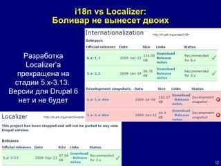 i18n vs Localizer: Боливар не в ынес ет  двоих Разработка  Localizer’ а прекращена на стадии  5.x-3.13 .  Версии для  Drupal 6  нет и не будет 