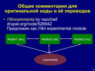 Общие комментарии   для оригинальной ноды и её переводов i18ncomments  by neochief drupal.org/node/526942 Предложен как  i18n experimental module Node/1 (en) Node/2 (uk) Node/3 (ru) comments 