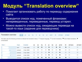 Модуль  “Translation overview” Помогает организовать работу по переводу содержания сайта Выводится список нод, помеченный флажками: непереведенные, переведенные, перевод устарел. Можно вывести список нод, ожидающих перевода на такой-то язык (задание для переводчика) 