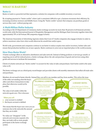 WHAT IS BARTER?
Barter is
Barter or trade is a powerful tool that represents a solution for companies with available inventory or services.
By accepting payment in “barter credits” where cash is sometimes difficult to get, a business maximises their efficiency by
increasing inventory turnover and billable hours. Using the “barter credits” earned, that company can purchase goods or
services they want - without paying cash.
A Multi-Billion Dollar Industry
According to the US Department of Commerce, barter exchange accounts for more than 30 percent of all financial activities
world-wide while the International Journal of Hospitality Management and the Michigan State University together claim that
approximately 70% of all Fortune 500 companies engage in barter.
The American Association of Advertising Agencies claims that 4 out of 5 media companies also engage in barter in order to
achieve maximum value from what would otherwise be unsold time and/or space.
World-wide, governments and companies continue to use barter to reduce surplus time and/or inventory, bolster sales and
ensure that production facilities run at near capacity. Barter continues to carve out an important place in the world economy.
How Does Barter Work?
A barter exchange offers an alternative distribution and sales network. Instead of letting products or services go unsold, or
requiring you to sell for reduced prices, a barter exchange allows the sale and purchase of goods and services using other
goods and services to facilitate the transaction.
Clients of a barter network use “barter credits” to account for the value of sales and purchases. Each barter credit is the same
value as $1.
The barter exchange acts as a third-party record keeper and provides clients with monthly statements that reflect all trade sales
and purchases.
Members do not need to barter directly. Instead they can sell to one member and buy from another. This solves the issue
of the seller not needing what the buyer
offers and allows transactions to take
place that otherwise would not be
possible.
The value of all credits within the
network equals zero. This is because:
When you sell
a. your account is credited
b. the buyers account is debited
This means that the buyer now owes you (or
someone else in the network) the amount
that they are in debt.
No value can “disappear” in the
network and everyone expands who
they can trade with as more people
participate in the barter exchange
system.
PLUMBING COMPANY
A plumbing company provides
a service to a hotel.
The seller authorises the
transaction, transferring barter
dollars from the purchaser’s
account.
A RESORT HOTEL
A law firm uses it’s barter
dollars for meeting rooms at the
hotel.
Plumbing
Services
Legal
Services
Air
Time
Hotel
Rooms
Trade
Dollars
Trade
Dollars
Trade
Dollars
Trade
Dollars
LAW FIRM
The radio station uses its
nearly earned barter dollars to
purchase legal services from a
corporate law firm.
A RADIO STATION
The plumbing company uses
barter dollars to buy
advertising on a local
radio station.
 