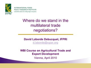 Where do we stand in the
    multilateral trade
      negotiations?

  David Laborde Debucquet, IFPRI
        d.laborde@cgiar.org

WBI Course on Agricultural Trade and
       Export Development
         Vienna, April 2010
 