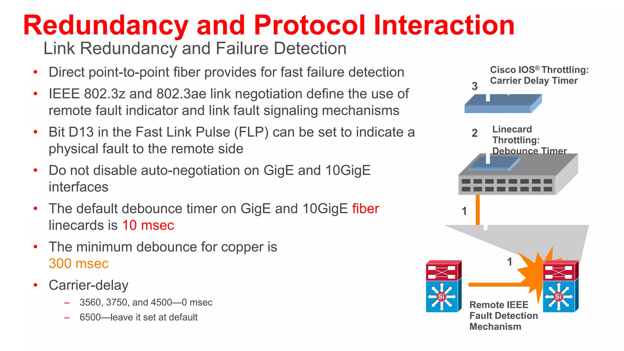Redundancy and Protocol Interaction
     Layer 2 and 3—Why Use Routed Interfaces
• Configuring L3 routed interfaces provides for faster convergence than
  an L2 switch port with an associated L3 SVI

                                L3                                                           L2
                      Si                        Si                                 Si                         Si




                           1. Link Down                                                 1.   Link Down
                           2. Interface Down                                            2.   Interface Down
                           3. Routing Update                                            3.   Autostate
                                                                                        4.   SVI Down
         ~ 8 msec loss                                     ~ 150–200 msec loss          5.   Routing Update


           21:38:37.042 UTC: %LINEPROTO-5-UPDOWN: Line               21:32:47.813 UTC: %LINEPROTO-5-UPDOWN: Line
           protocol on Interface GigabitEthernet3/1, changed         protocol on Interface GigabitEthernet2/1, changed state to
           state to down                                             down
           21:38:37.050 UTC: %LINK-3-UPDOWN: Interface               21:32:47.821 UTC: %LINK-3-UPDOWN: Interface
           GigabitEthernet3/1, changed state to down                 GigabitEthernet2/1, changed state to down
           21:38:37.050 UTC: IP-EIGRP(Default-IP-Routing-            21:32:48.069 UTC: %LINK-3-UPDOWN: Interface Vlan301,
           Table:100): Callback: route_adjust GigabitEthernet3/1     changed state to down
                                                                     21:32:48.069 UTC: IP-EIGRP(Default-IP-Routing-
                                                                     Table:100): Callback: route, adjust Vlan301
 