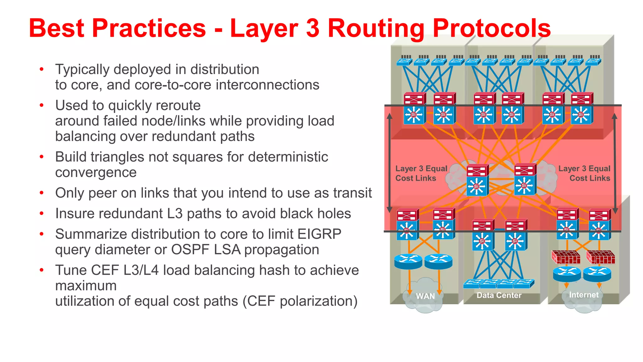 Best Practice—Build Triangles not Squares
    Deterministic vs. Non-Deterministic
         Triangles: Link/Box Failure Does not     Squares: Link/Box Failure
         Require Routing Protocol                 Requires Routing Protocol
         Convergence                              Convergence



                                                         Si             Si
                 Si             Si




                                                         Si             Si
                 Si             Si




                      Model A                                 Model B

     •    Layer 3 redundant equal cost links support fast convergence
     •    Hardware based—fast recovery to remaining path
     •    Convergence is extremely fast (dual equal-cost paths: no need for OSPF or
          EIGRP to recalculate a new path)
 