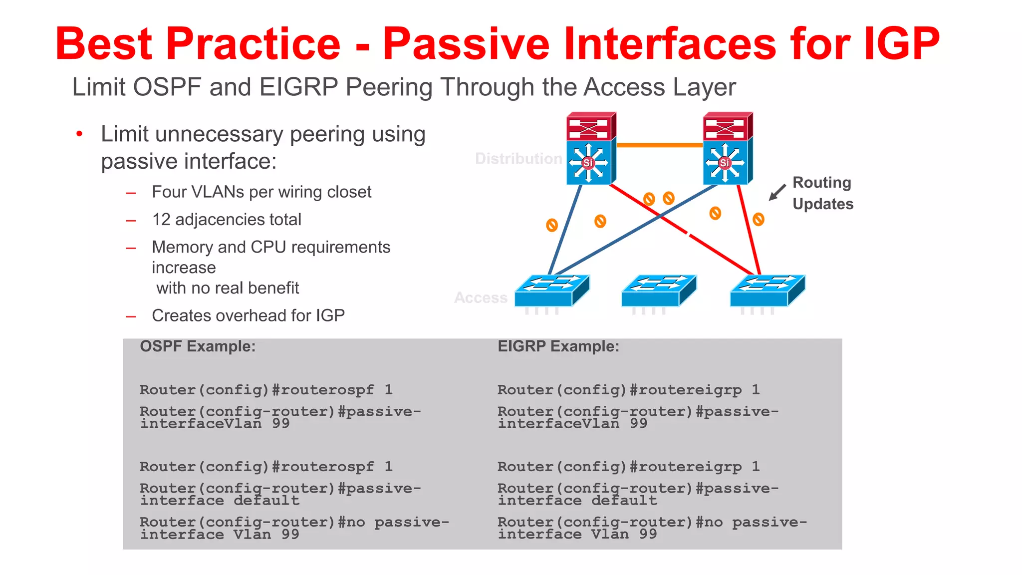 Why You Want to Summarize at the Distribution
   Limit EIGRP Queries and OSPF LSA Propagation
• It is important to force
  summarization at the                       No Summaries
  distribution towards the core        Queries Go Beyond the Core
                                             Rest of Network
• For return path traffic an                                           Core
  OSPF or EIGRP re-route
  is required
• By limiting the number of peers           Si            Si

  an EIGRP router must query or
  the number of LSAs an OSPF
  peer must process we can                                          Distribution
  optimize this reroute
• EIGRP example:
         interface Port-channel1           Si             Si
         description to Core#1
         ip address 10.122.0.34
                                                                      Access
         255.255.255.252
         ip hello-interval eigrp 100
         1
         ip hold-time eigrp 100 3
         ip summary-address eigrp 100 10.1.1.0/24   10.1.2.0/24
         10.1.0.0 255.255.0.0 5
 