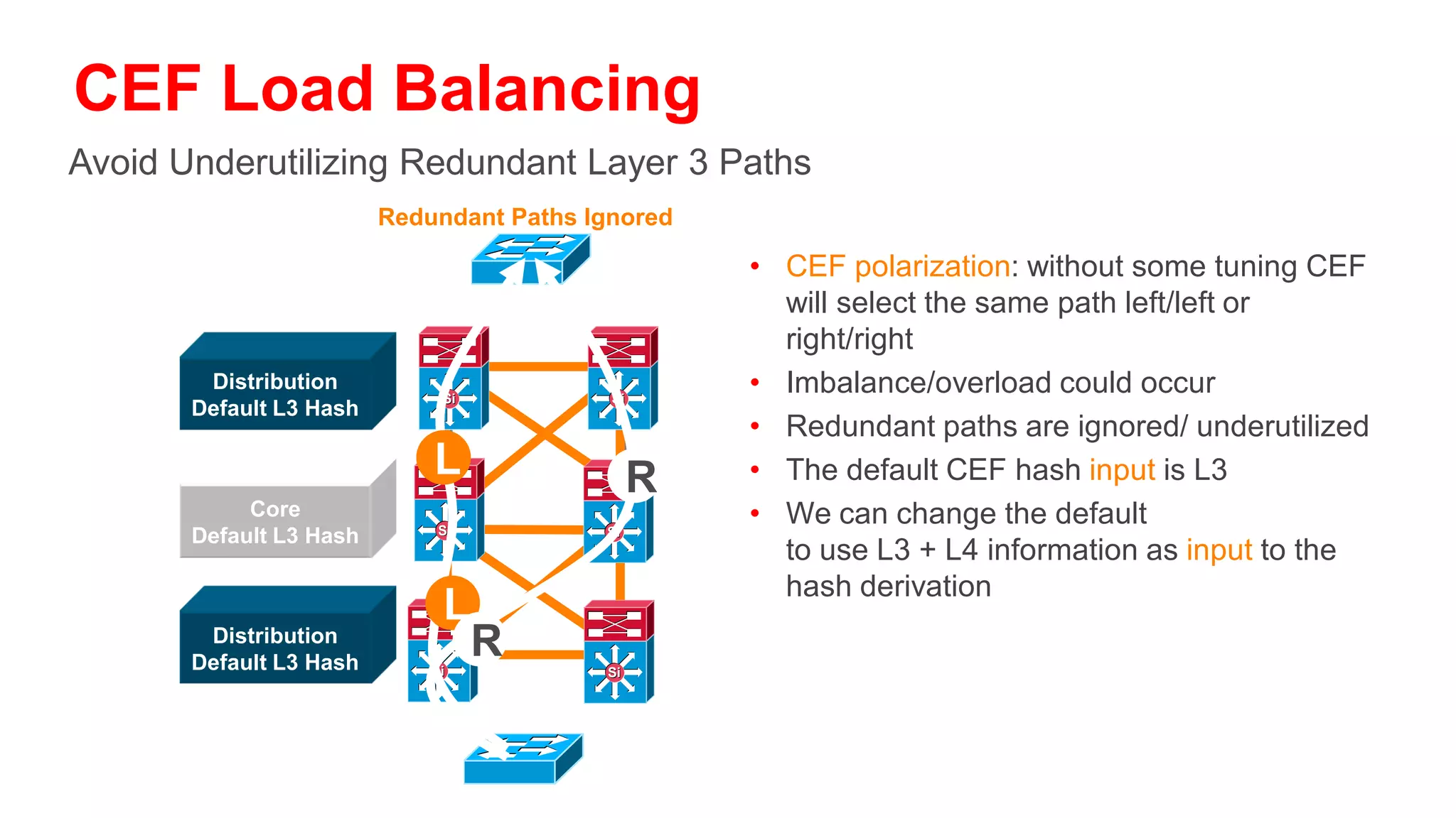 CEF Load Balancing
Avoid Underutilizing Redundant Layer 3 Paths
                             All Paths Used

                                               • The default will for Sup720/32 and latest
                                                 hardware (unique ID added to default).
                                                 However, depending on IP addressing, and
       Distribution
                         Si               Si
                                                 flows imbalance could occur
       L3/L4 Hash
                                               • Alternating L3/L4 hash and L3 hash will
                        L R            L R       give us the best load balancing results
           Core
                        Si               Si
                                               • Use simple in the core and full simple in
      Default L3 Hash
                                                 the distribution to add L4 information to the
                                                 algorithm at the distribution and maintain
                        L                        differentiation tier-to-tier
       Distribution
       L3/L4 Hash       Si
                              R          Si
 