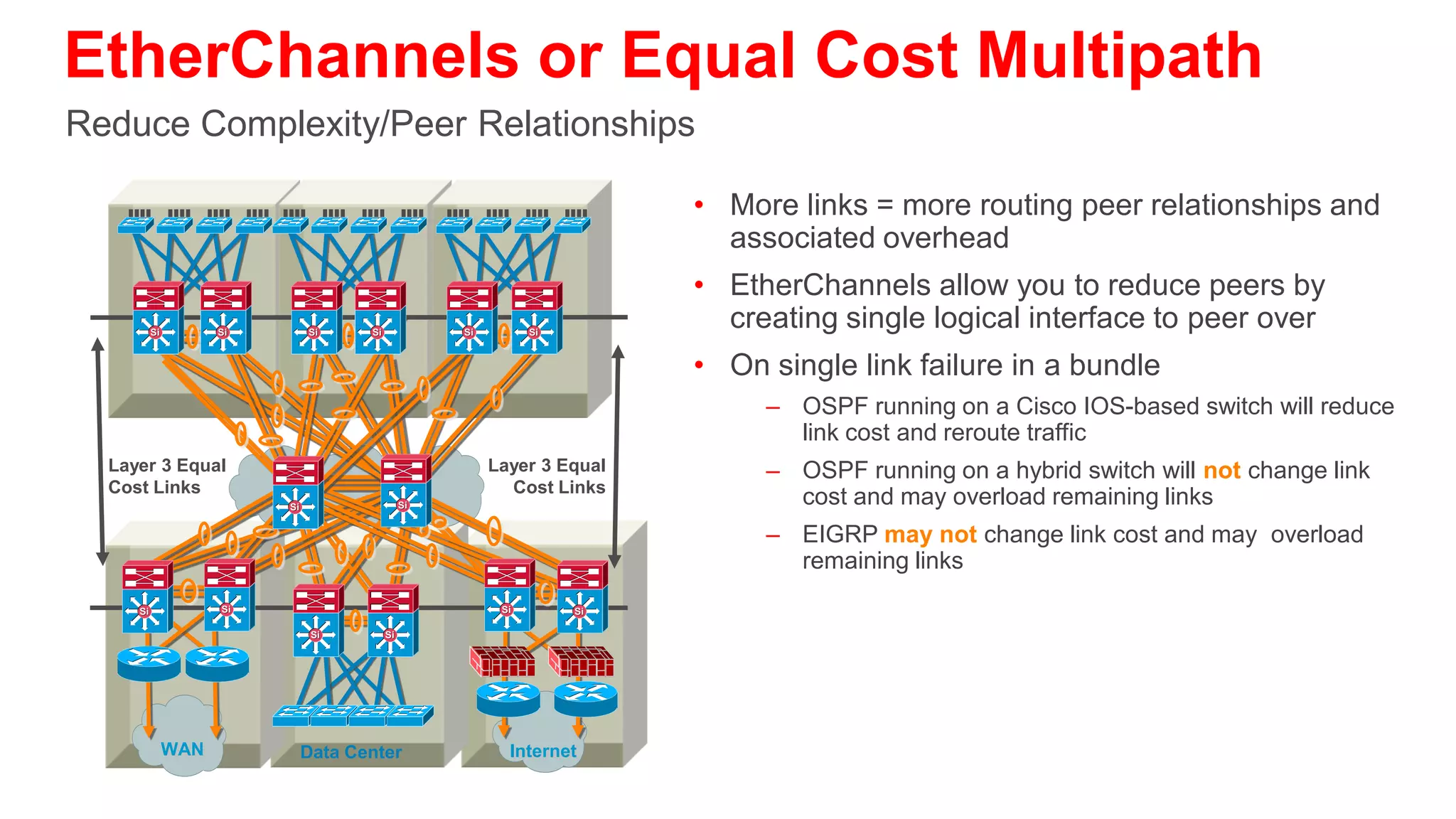EtherChannels or Equal Cost Multipath
Why 10-Gigabit Interfaces
                                                                      • More links = more routing peer relationships
                                                                        and associated overhead
                                                                      • EtherChannels allow you to reduce peers by
          Si         Si         Si     Si        Si         Si
                                                                        creating single logical interface to peer over
                                                                      • However, a single link failure is not taken into
                                                                        consideration by routing protocols. Overload
   Layer 3 Equal                                      Layer 3 Equal
                                                                        possible
   Cost Links
                          Si                Si
                                                        Cost Links
                                                                      • Single 10-gigabit links address both
                                                                        problems. Increased bandwidth without
                                                                        increasing complexity or compromising
     Si              Si                                Si        Si
                                                                        routing protocols ability to select best path
                                Si      Si




               WAN             Data Center              Internet
 