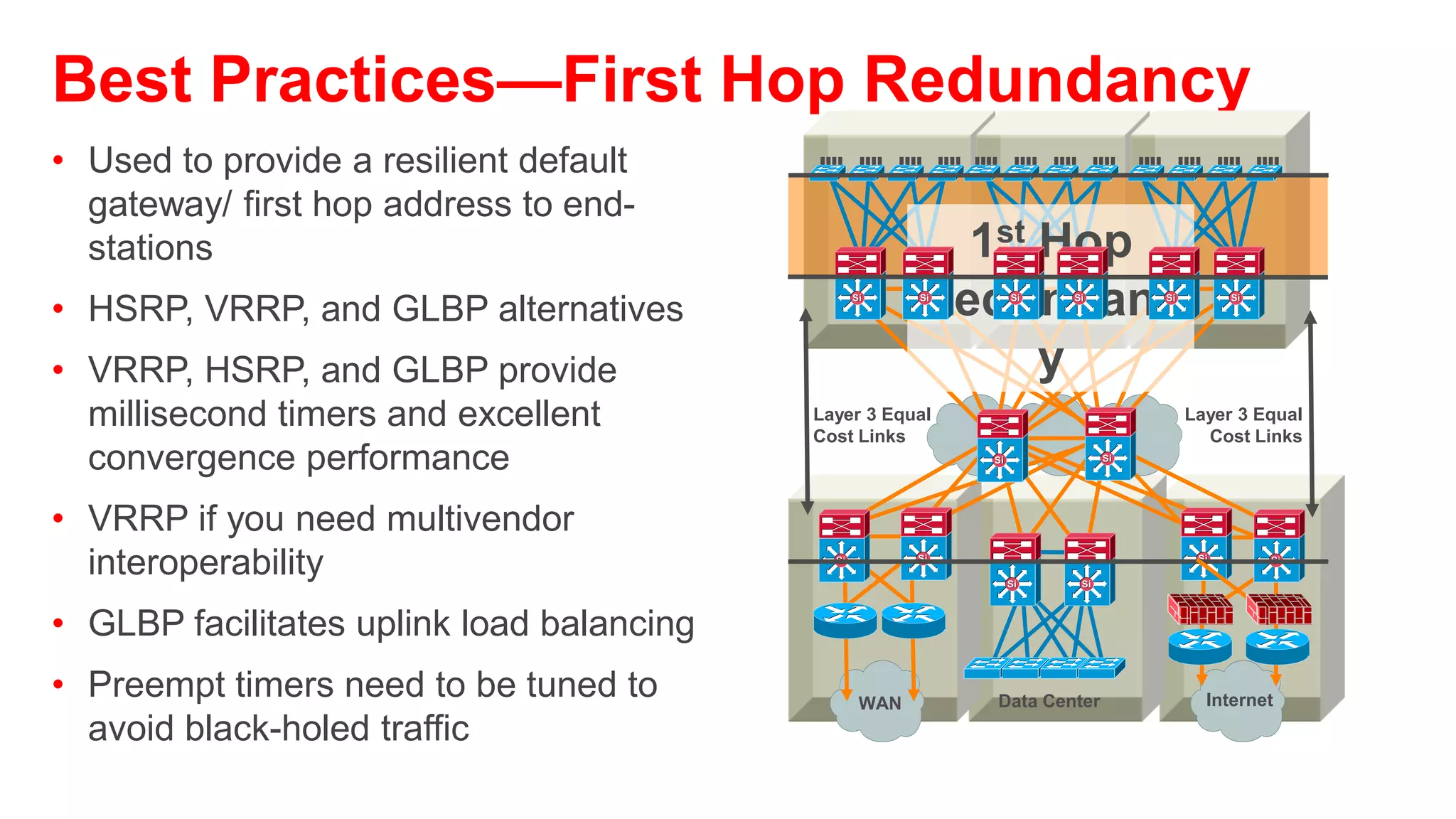 First Hop Redundancy with VRRP
IETF Standard RFC 2338 (April 1998)             R1—Master, Forwarding Traffic; R2,—Backup
                                                    VRRP ACTIVE                       VRRP BACKUP
                                                IP:  10.0.0.254                     IP:   10.0.0.253
                                                MAC: 0000.0c12.3456                 MAC: 0000.0C78.9abc
• A group of routers function as one            vIP: 10.0.0.10                      vIP:
                                                vMAC: 0000.5e00.0101                vMAC:
  virtual router by sharing one virtual IP
                                                                                                      R2
  address and one virtual MAC address               R1

• One (master) router performs packet                      Si                                  Si



  forwarding for local hosts                   Distribution-A                                Distribution-B
                                               VRRP Active                                   VRRP Backup
• The rest of the routers act as back up                         Access-a

  in case the master router fails
• Backup routers stay idle as far as
  packet forwarding from the client side
                                             IP:    10.0.0.1         IP:    10.0.0.2          IP:    10.0.0.3
  is concerned                               MAC:   aaaa.aaaa.aa01   MAC:   aaaa.aaaa.aa02    MAC:   aaaa.aaaa.aa03
                                             GW:    10.0.0.10        GW:    10.0.0.10         GW:    10.0.0.10
                                             ARP:   0000.5e00.0101   ARP:   0000.5e00.0101    ARP:   0000.5e00.0101
 