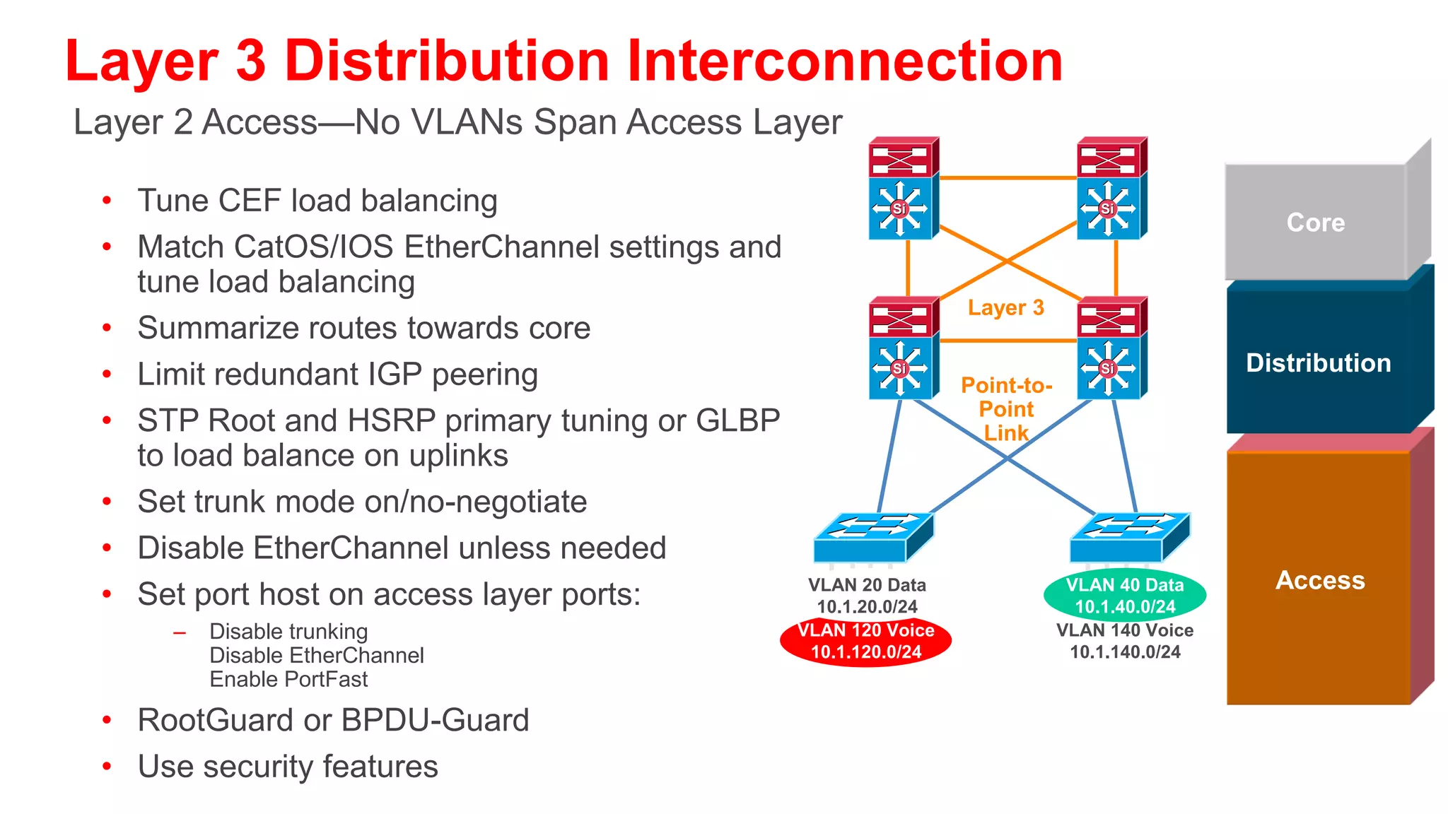 Layer 2 Distribution Interconnection
Layer 2 Access—Some VLANs Span Access Layer
•   Tune CEF load balancing
                                                                    Si                       Si
•   Match CatOS/IOS EtherChannel settings and tune load                                                       Core
    balancing
•   Summarize routes towards core
                                                                              Layer 2
•   Limit redundant IGP peering
•   STP Root and HSRP primary or GLBP and STP port cost tuning Si                            Si            Distribution
    to load balance on uplinks                                                 Trunk
•   Set trunk mode on/no-negotiate
•   Disable EtherChannel unless needed
•   RootGuard on downlinks
•   LoopGuard on uplinks
•   Set port host on access                               VLAN 20 Data                     VLAN 40 Data      Access
    Layer ports:                                           10.1.20.0/24                     10.1.40.0/24
       –   Disable trunking                                 VLAN 120 Voice                VLAN 140 Voice
           Disable EtherChannel                              10.1.120.0/24                 10.1.140.0/24
                                                                           VLAN 250 WLAN
           Enable PortFast                                                  10.1.250.0/24
•   RootGuard or BPDU-Guard
•   Use security features
 