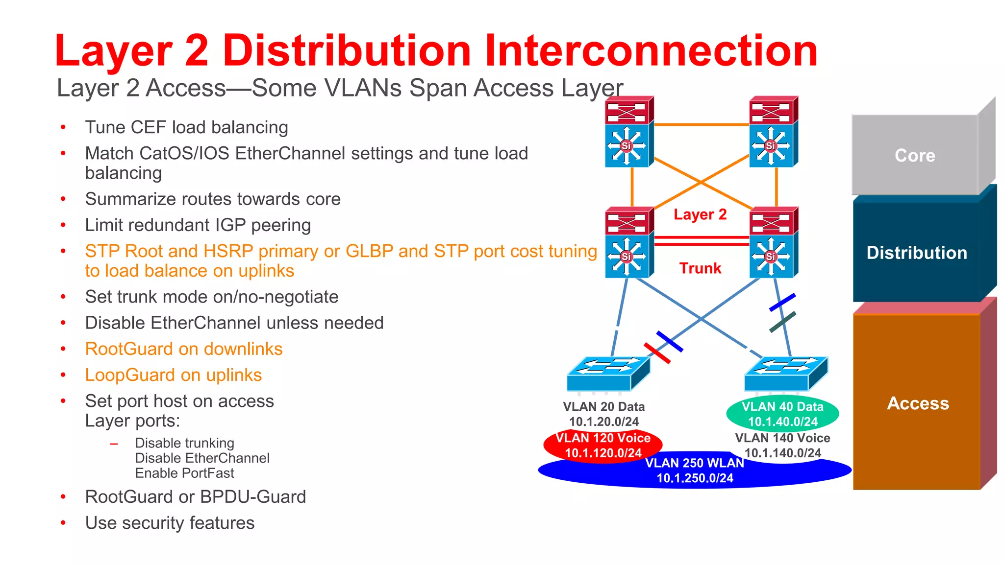 Routed Access and Virtual Switching System
Evolutions of and Improvements to Existing Designs


            Si                   Si               Si                     Si
                                                                                 Core


                    Layer 3                              VSS & vPC
                   P-to-P Link                            New Concept         Distribution
            Si                   Si




                                                        VLAN 20 Data
                                                         10.1.20.0/24
                                                        VLAN 40 Data
         VLAN 20 Data       VLAN 40 Data                 10.1.40.0/24
                                                       VLAN 120 Voice           Access
          10.1.20.0/24       10.1.40.0/24                10.1.120.0/24
                                                       VLAN 140 Voice
        VLAN 120 Voice     VLAN 140 Voice                10.1.140.0/24
                                                       VLAN 250 WLAN
         10.1.120.0/24      10.1.140.0/24                10.1.250.0/24


        See BRK-CRS3035—Advanced Enterprise Campus Design: VSS
        See BRK-CRS3036—Advanced Enterprise Campus Design: Routed Access
 