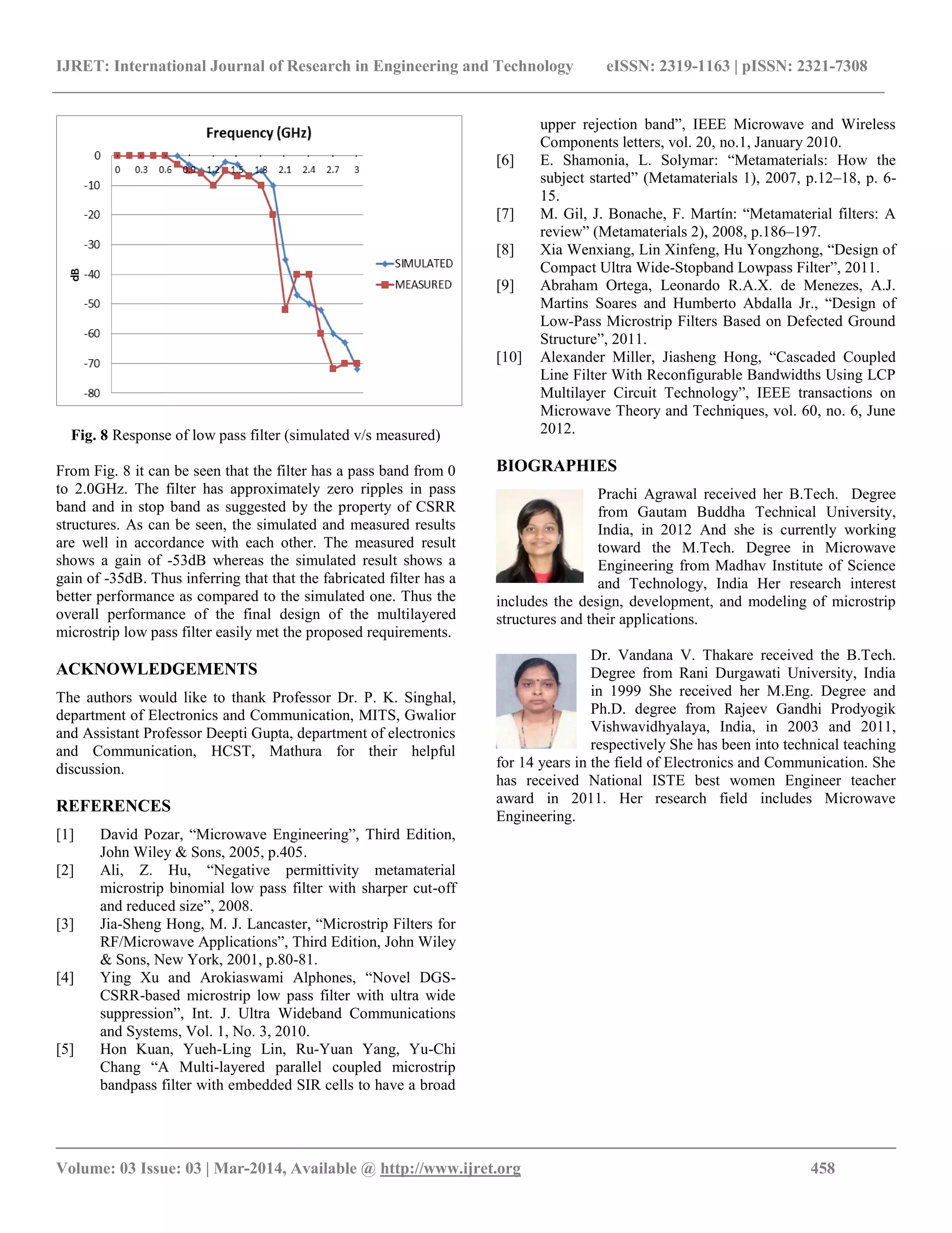 IJRET: International Journal of Research in Engineering and Technology eISSN: 2319-1163 | pISSN: 2321-7308
__________________________________________________________________________________________
Volume: 03 Issue: 03 | Mar-2014, Available @ http://www.ijret.org 458
Fig. 8 Response of low pass filter (simulated v/s measured)
From Fig. 8 it can be seen that the filter has a pass band from 0
to 2.0GHz. The filter has approximately zero ripples in pass
band and in stop band as suggested by the property of CSRR
structures. As can be seen, the simulated and measured results
are well in accordance with each other. The measured result
shows a gain of -53dB whereas the simulated result shows a
gain of -35dB. Thus inferring that that the fabricated filter has a
better performance as compared to the simulated one. Thus the
overall performance of the final design of the multilayered
microstrip low pass filter easily met the proposed requirements.
ACKNOWLEDGEMENTS
The authors would like to thank Professor Dr. P. K. Singhal,
department of Electronics and Communication, MITS, Gwalior
and Assistant Professor Deepti Gupta, department of electronics
and Communication, HCST, Mathura for their helpful
discussion.
REFERENCES
[1] David Pozar, “Microwave Engineering”, Third Edition,
John Wiley & Sons, 2005, p.405.
[2] Ali, Z. Hu, “Negative permittivity metamaterial
microstrip binomial low pass filter with sharper cut-off
and reduced size”, 2008.
[3] Jia-Sheng Hong, M. J. Lancaster, “Microstrip Filters for
RF/Microwave Applications”, Third Edition, John Wiley
& Sons, New York, 2001, p.80-81.
[4] Ying Xu and Arokiaswami Alphones, “Novel DGS-
CSRR-based microstrip low pass filter with ultra wide
suppression”, Int. J. Ultra Wideband Communications
and Systems, Vol. 1, No. 3, 2010.
[5] Hon Kuan, Yueh-Ling Lin, Ru-Yuan Yang, Yu-Chi
Chang “A Multi-layered parallel coupled microstrip
bandpass filter with embedded SIR cells to have a broad
upper rejection band”, IEEE Microwave and Wireless
Components letters, vol. 20, no.1, January 2010.
[6] E. Shamonia, L. Solymar: “Metamaterials: How the
subject started” (Metamaterials 1), 2007, p.12–18, p. 6-
15.
[7] M. Gil, J. Bonache, F. Martín: “Metamaterial filters: A
review” (Metamaterials 2), 2008, p.186–197.
[8] Xia Wenxiang, Lin Xinfeng, Hu Yongzhong, “Design of
Compact Ultra Wide-Stopband Lowpass Filter”, 2011.
[9] Abraham Ortega, Leonardo R.A.X. de Menezes, A.J.
Martins Soares and Humberto Abdalla Jr., “Design of
Low-Pass Microstrip Filters Based on Defected Ground
Structure”, 2011.
[10] Alexander Miller, Jiasheng Hong, “Cascaded Coupled
Line Filter With Reconfigurable Bandwidths Using LCP
Multilayer Circuit Technology”, IEEE transactions on
Microwave Theory and Techniques, vol. 60, no. 6, June
2012.
BIOGRAPHIES
Prachi Agrawal received her B.Tech. Degree
from Gautam Buddha Technical University,
India, in 2012 And she is currently working
toward the M.Tech. Degree in Microwave
Engineering from Madhav Institute of Science
and Technology, India Her research interest
includes the design, development, and modeling of microstrip
structures and their applications.
Dr. Vandana V. Thakare received the B.Tech.
Degree from Rani Durgawati University, India
in 1999 She received her M.Eng. Degree and
Ph.D. degree from Rajeev Gandhi Prodyogik
Vishwavidhyalaya, India, in 2003 and 2011,
respectively She has been into technical teaching
for 14 years in the field of Electronics and Communication. She
has received National ISTE best women Engineer teacher
award in 2011. Her research field includes Microwave
Engineering.
 
