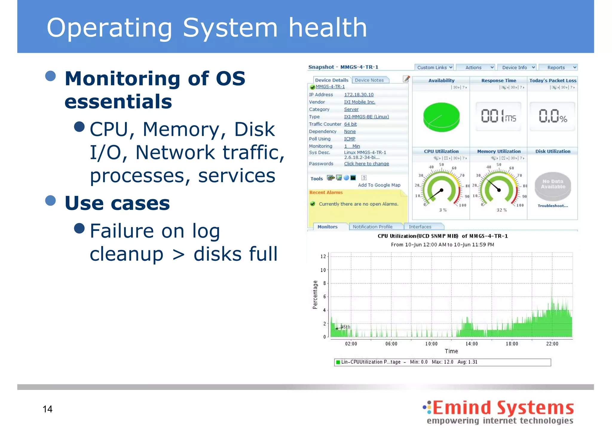Operating System health
• Monitoring of OS
     essentials
      • CPU, Memory, Disk
        I/O, Network traffic,
        processes, services
•    Use cases
      • Failure on log
        cleanup > disks full




14
 