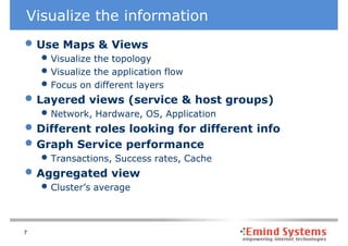 Visualize the information
• Use Maps & Views
    • Visualize the topology
    • Visualize the application flow
    • Focus on different layers
• Layered views (service & host groups)
    • Network, Hardware, OS, Application
• Different roles looking for different info
• Graph Service performance
    • Transactions, Success rates, Cache
• Aggregated view
    • Cluster’s average


7
 