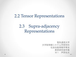 2.2 Tensor Representations
2.3 Supra-adjacency
Representations
電気通信大学
大学院情報システム学研究科
社会知能情報学専攻
栗原研究室所属
M１ 芦原佑太
1
 