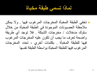‫تخفي‬‫الطبقة‬‫المخبأة‬‫المخرجات‬‫المرغوب‬‫فيها‬.‫وال‬‫يم‬‫كن‬
‫مالحظة‬‫العصبونات‬‫الموجودة‬‫في‬‫الطبقة‬‫المخبأة‬‫من‬‫خال‬‫ل‬
‫سلوك‬‫مدخالت‬/‫مخرجات‬‫الشبكة‬.‫فال‬‫توجد‬‫أي‬‫طريقة‬
‫واضحة‬‫تعرف‬‫ما‬‫يجب‬‫أن‬‫تكون‬‫عليه‬‫المخرجات‬‫المرغوب‬
‫فيها‬‫للطبقة‬‫المخبأة‬.‫بكلمات‬‫أخري‬،‫تحدد‬‫المخرجات‬
‫المرغوب‬‫فيها‬‫للطبقة‬‫المخبأة‬‫بواسطة‬‫الطبقة‬‫نفسها‬
12Dr gafar zen alabdeen salh (2011)
 