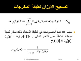 ‫حيث‬m‫عدد‬‫العصبونات‬‫في‬‫الطبقة‬‫المخبأة‬‫لذلك‬‫يمك‬‫ن‬‫كتابة‬
‫المعالة‬‫الخطأ‬‫علي‬‫النحو‬‫التالي‬:δk(p)= yk(p)×[1-
yk(p)] × ek(p)
20
k
m
i
pikwpikxp
k
X 


1
)()()(
)(
1
1
)(
pkx
e
p
k
y



Dr gafar zen alabdeen salh (2011)
 