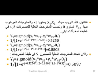 ‫لنتناول‬‫فئة‬‫تدريب‬‫حيث‬X1,X2‫يساويا‬1،‫والمخرجات‬‫المرغوب‬
‫فيها‬Yd,5‫تساوي‬0‫وتحسب‬‫المخرجات‬‫الفعلية‬‫للعصبونات‬3‫و‬4‫في‬
‫الطبقة‬‫المخبأة‬‫كما‬‫يلي‬:
 Y3=sigmoid(x1*w13+x2*w23-θ3)
 1/[1+e-(1*0.5+1*0.4-1*0.8)]=0.5250
 Y4=sigmoid(x1*w14+x2*w24-θ4)
 1/[1+e-(1*0.9+1*1.0+1*0.1)]=0.8808
‫واالن‬‫للعصبون‬ ‫الفعلية‬ ‫المخرجات‬ ‫تتحدد‬5‫المخرجات‬ ‫طبقة‬ ‫في‬:
 Y5=sigmoid(y3*w35+y4*w45-θ5)
 1/[1+e-(-0.5250*1.2+0.8808*1.1-1*0.3)]=0.5097
28Dr gafar zen alabdeen salh (2011)
 