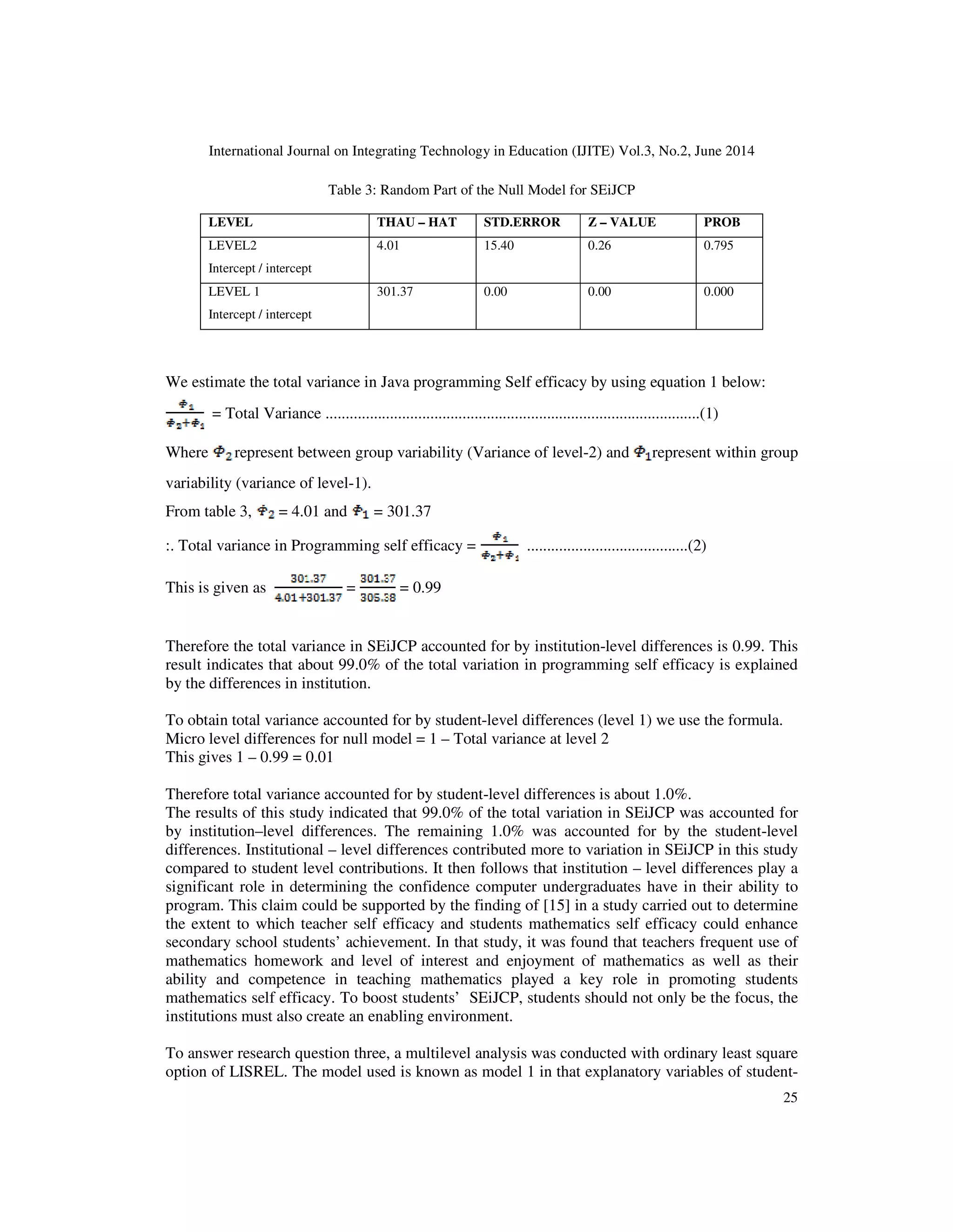 International Journal on Integrating Technology in Education (IJITE) Vol.3, No.2, June 2014
25
Table 3: Random Part of the Null Model for SEiJCP
LEVEL THAU – HAT STD.ERROR Z – VALUE PROB
LEVEL2
Intercept / intercept
4.01 15.40 0.26 0.795
LEVEL 1
Intercept / intercept
301.37 0.00 0.00 0.000
We estimate the total variance in Java programming Self efficacy by using equation 1 below:
= Total Variance .............................................................................................(1)
Where represent between group variability (Variance of level-2) and represent within group
variability (variance of level-1).
From table 3, = 4.01 and = 301.37
:. Total variance in Programming self efficacy = ........................................(2)
This is given as = = 0.99
Therefore the total variance in SEiJCP accounted for by institution-level differences is 0.99. This
result indicates that about 99.0% of the total variation in programming self efficacy is explained
by the differences in institution.
To obtain total variance accounted for by student-level differences (level 1) we use the formula.
Micro level differences for null model = 1 – Total variance at level 2
This gives 1 – 0.99 = 0.01
Therefore total variance accounted for by student-level differences is about 1.0%.
The results of this study indicated that 99.0% of the total variation in SEiJCP was accounted for
by institution–level differences. The remaining 1.0% was accounted for by the student-level
differences. Institutional – level differences contributed more to variation in SEiJCP in this study
compared to student level contributions. It then follows that institution – level differences play a
significant role in determining the confidence computer undergraduates have in their ability to
program. This claim could be supported by the finding of [15] in a study carried out to determine
the extent to which teacher self efficacy and students mathematics self efficacy could enhance
secondary school students’ achievement. In that study, it was found that teachers frequent use of
mathematics homework and level of interest and enjoyment of mathematics as well as their
ability and competence in teaching mathematics played a key role in promoting students
mathematics self efficacy. To boost students’ SEiJCP, students should not only be the focus, the
institutions must also create an enabling environment.
To answer research question three, a multilevel analysis was conducted with ordinary least square
option of LISREL. The model used is known as model 1 in that explanatory variables of student-
 