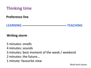 Thinking time
Preference line

LEARNING ----------------------------------------- TEACHING

Writing storm

5 minutes: smells
4 minutes: sounds
3 minutes: best moment of the week / weekend
2 minutes: the future...
1 minute: favourite view
                                                 Multi-level classes
 