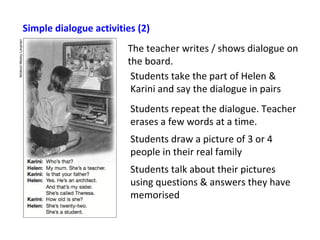 Simple dialogue activities (2)
                        The teacher writes / shows dialogue on
                        the board.
                         Students take the part of Helen &
                         Karini and say the dialogue in pairs
                         Students repeat the dialogue. Teacher
                         erases a few words at a time.
                         Students draw a picture of 3 or 4
                         people in their real family
                         Students talk about their pictures
                         using questions & answers they have
                         memorised
 