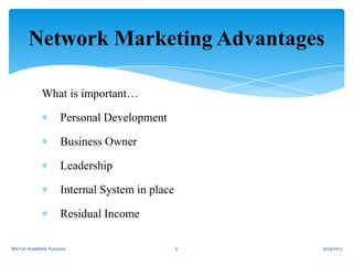 Network Marketing Advantages
What is important…
Personal Development
Business Owner
Leadership
Internal System in place
Residual Income
IBA For Academic Purpose
5
9/24/2013