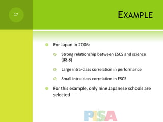 17
                                             E XAMPLE

        For Japan in 2006:
            Strong relationship between ESCS and science
             (38.8)

            Large intra-class correlation in performance

            Small intra-class correlation in ESCS

        For this example, only nine Japanese schools are
         selected
 