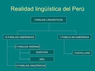 Realidad lingüística del Perú FAMILIAS LINGÜÍSTICAS 15 FAMILIAS AMERINDIAS 1 FAMILIA NO-AMERINDIA 2 FAMILIAS ANDINAS 13 FAMILIAS AMAZÓNICAS CASTELLANO QUECHUA ARU 