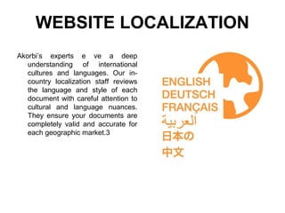 WEBSITE LOCALIZATION
Akorbi’s experts e ve a deep
understanding of international
cultures and languages. Our in-
country localization staff reviews
the language and style of each
document with careful attention to
cultural and language nuances.
They ensure your documents are
completely valid and accurate for
each geographic market.3
 