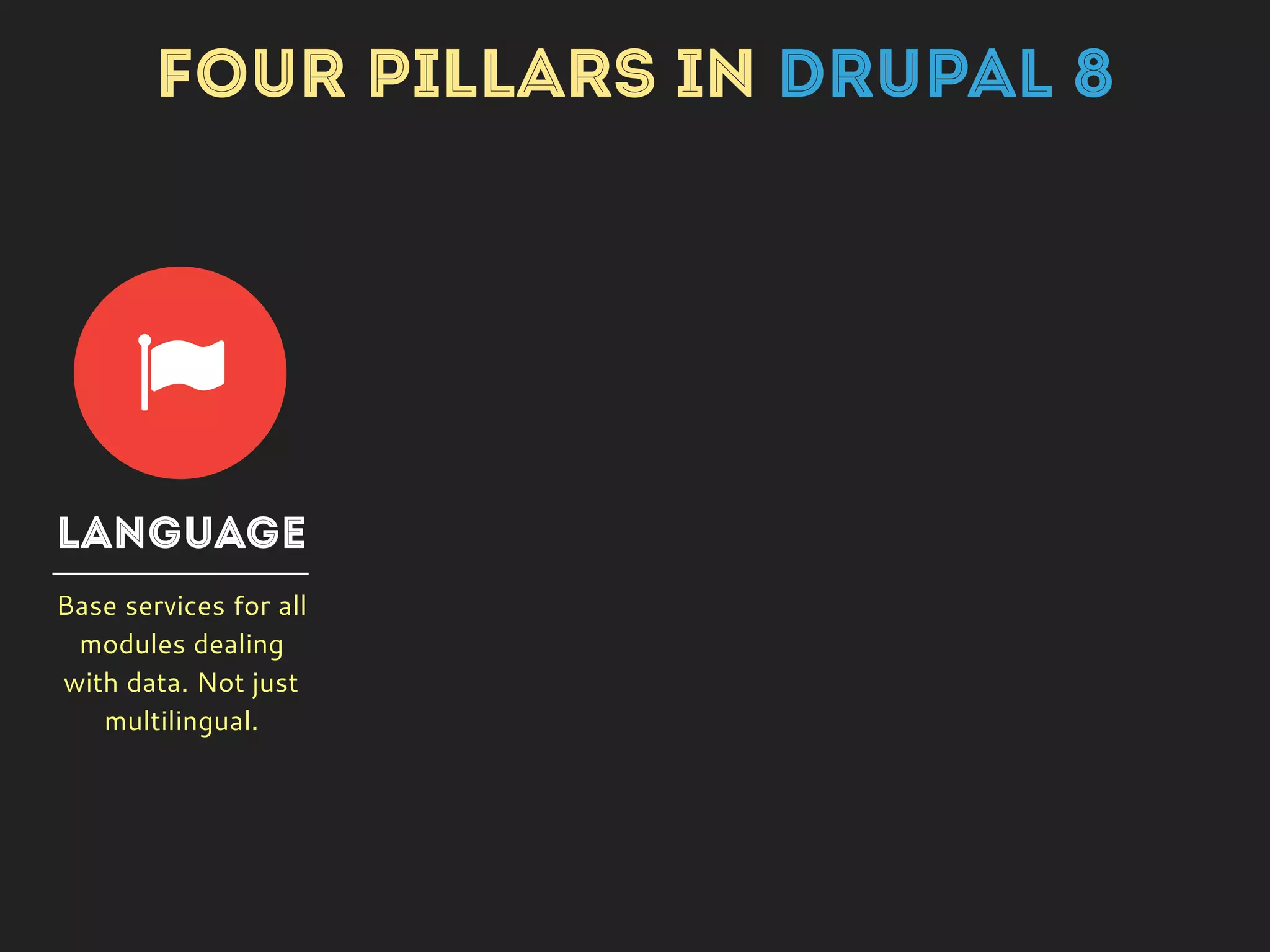 LANGUAGE
Base services for all
modules dealing
with data. Not just
multilingual.
INTERFACE
Interface
translation has
built-in update
feature, improved
usability.
! 8
FOUR PILLARS IN DRUPAL 8
 