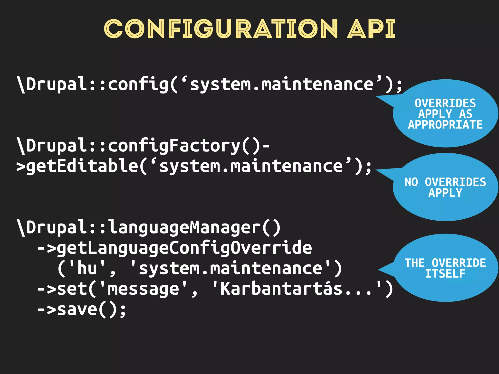 LANGUAGE INTERFACE CONTENT CONFIG
(! 8 é
FOUR PILLARS IN DRUPAL 8
English to X X to Y
Intelligent
objects
X to Y
Dumb
arrays
 