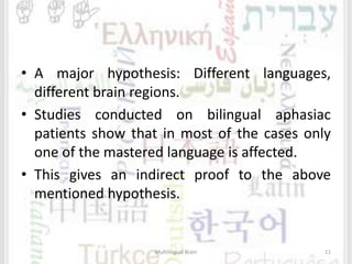 • A major hypothesis: Different languages,
different brain regions.
• Studies conducted on bilingual aphasiac
patients show that in most of the cases only
one of the mastered language is affected.
• This gives an indirect proof to the above
mentioned hypothesis.
Multilingual Brain 11
 