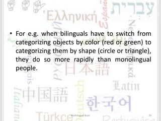 • For e.g. when bilinguals have to switch from
categorizing objects by color (red or green) to
categorizing them by shape (circle or triangle),
they do so more rapidly than monolingual
people.
Multilingual Brain 29
 
