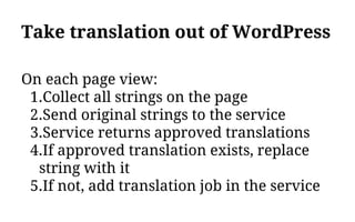 Take translation out of WordPress
On each page view:
1.Collect all strings on the page
2.Send original strings to the service
3.Service returns approved translations
4.If approved translation exists, replace
string with it
5.If not, add translation job in the service
 