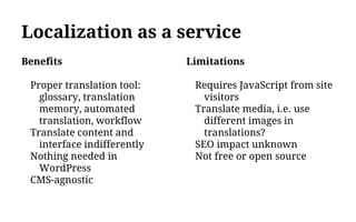 Localization as a service
Benefits
Proper translation tool:
glossary, translation
memory, automated
translation, workflow
Translate content and
interface indifferently
Nothing needed in
WordPress
CMS-agnostic
Limitations
Requires JavaScript from site
visitors
Translate media, i.e. use
different images in
translations?
SEO impact unknown
Not free or open source
 