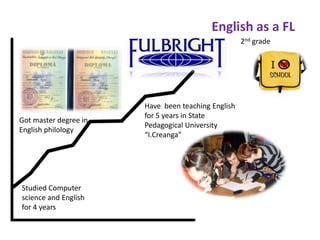 English as a FL2nd gradeHave  been teaching English for 5 years in State Pedagogical University “I.Creanga”Got master degree in English philology Studied Computer science and English for 4 years