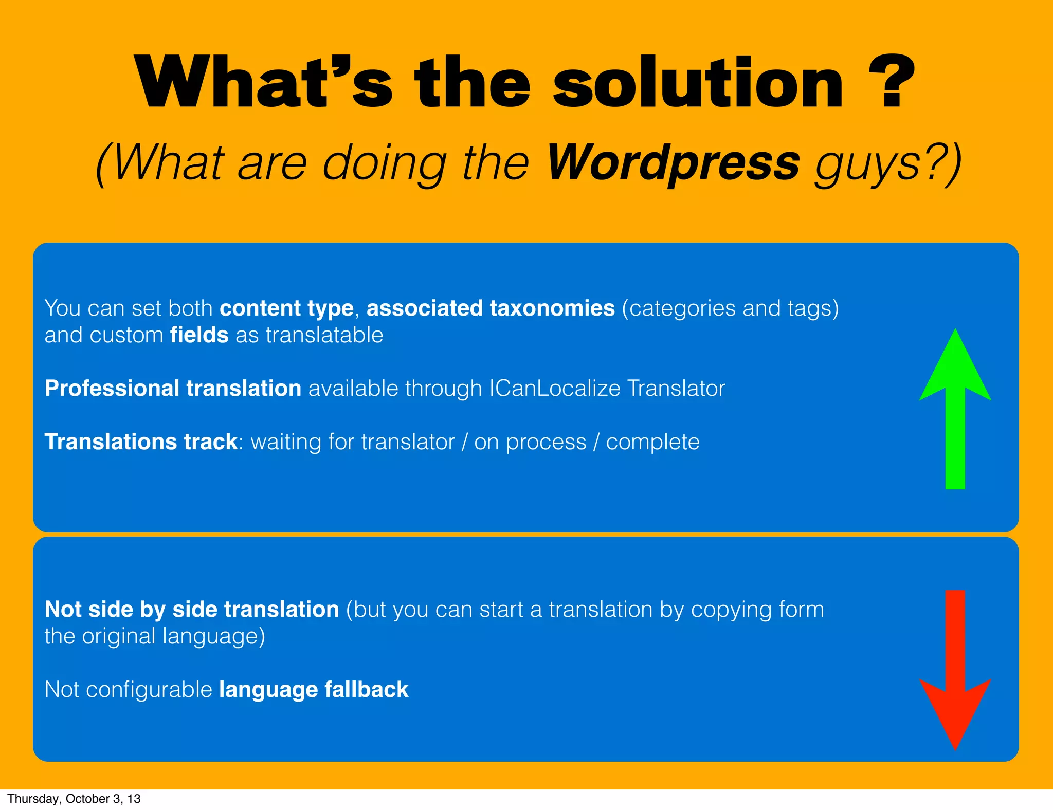What’s the solution ?
(What are doing the Wordpress guys?)
You can set both content type, associated taxonomies (categories and tags)
and custom ﬁelds as translatable
Professional translation available through ICanLocalize Translator
Translations track: waiting for translator / on process / complete
Not side by side translation (but you can start a translation by copying form
the original language)
Not conﬁgurable language fallback
Thursday, October 3, 13
 