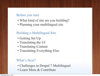 Before you start
                           • What kind of site are you building?
                           • Planning your multilingual site

                           Building a Multilingual Site
                           • Getting Set Up
                           • Translating the UI
                           • Translating Content
                           • Translating Everything Else

                           What’s Next?
                           • Challenges in Drupal 7 Multilingual
                           • Learn More & Contribute
Wednesday, June 13, 2012
 
