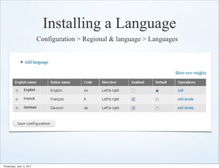 Installing a Language
                           Configuration > Regional & language > Languages




Wednesday, June 13, 2012
 
