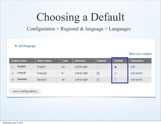 Choosing a Default
                           Configuration > Regional & language > Languages




Wednesday, June 13, 2012
 