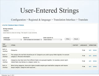 User-Entered Strings
                  Configuration > Regional & language > Translation Interface > Translate




Wednesday, June 13, 2012
 