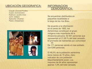UBICACIÓN GEOGRAFICA:
•
•
•
•
•
•

Ucayali: (Coronel Portillo)
Cusco: (Convención)
Huánuco: (puerto inca)
Junín: (satipo)
Ayacucho: (Huanta)
Pasco: (Oxapampa)

INFORMACION
DEMOGRAFICA:
Se encuentran distribuidos en
pequeñas localidades a
lo largo de los ríos Breu.
De acuerdo a la información
en el censo de 1993, los
Asháninkas constituyen el grupo
indígena más importante de la
Amazonia peruana: 52 461 personas que
representan el 21,89 % del total censado.
El promedio de habitantes por comunidad
es
De 171 personas siendo el mas poblado
con1284 personas.
El 48,0% de la población asháninka
tiene menos de 15 años, claro
indicador de una población
Mayoritariamente joven. Los
mayores de 64 años representan
apenas 1,0% del total censado.

 