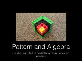 Pattern and Algebra
Children can start to predict how many cubes are
needed.