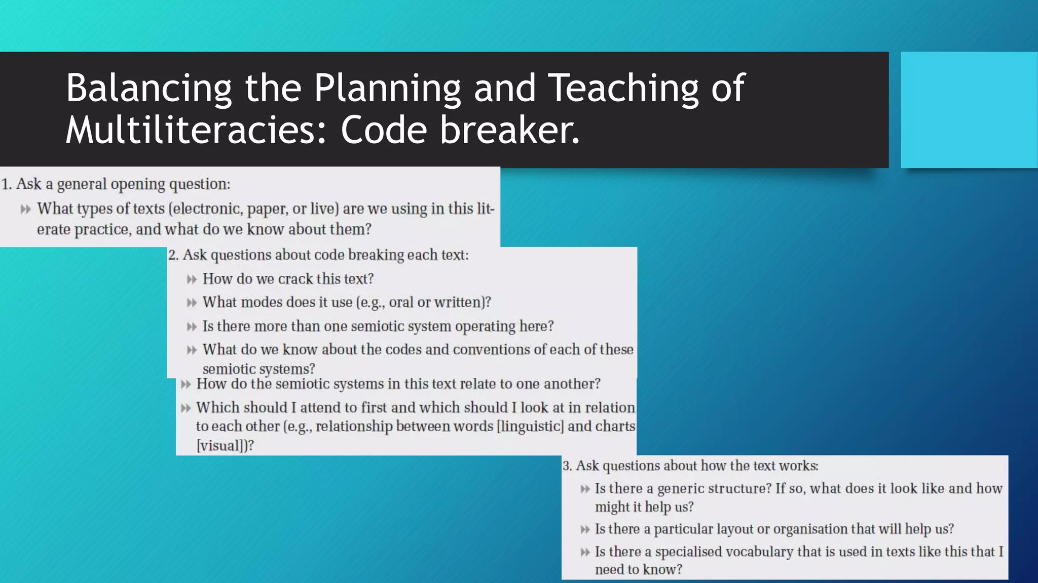 Balancing the Planning and Teaching of
Multiliteracies: Code breaker.
 